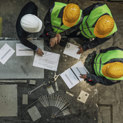 Aerial view of workers and manager with documents